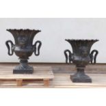 A pair of classical cast iron garden urns,