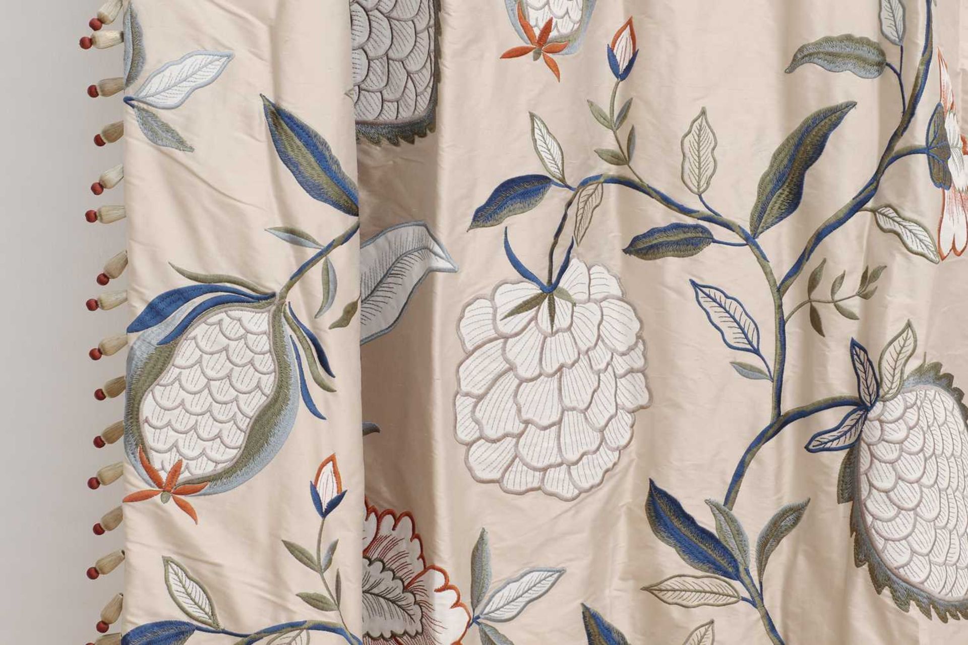 Two pairs of silk and linen curtains in Zoffany 'Pomegranate Tree' fabric,
