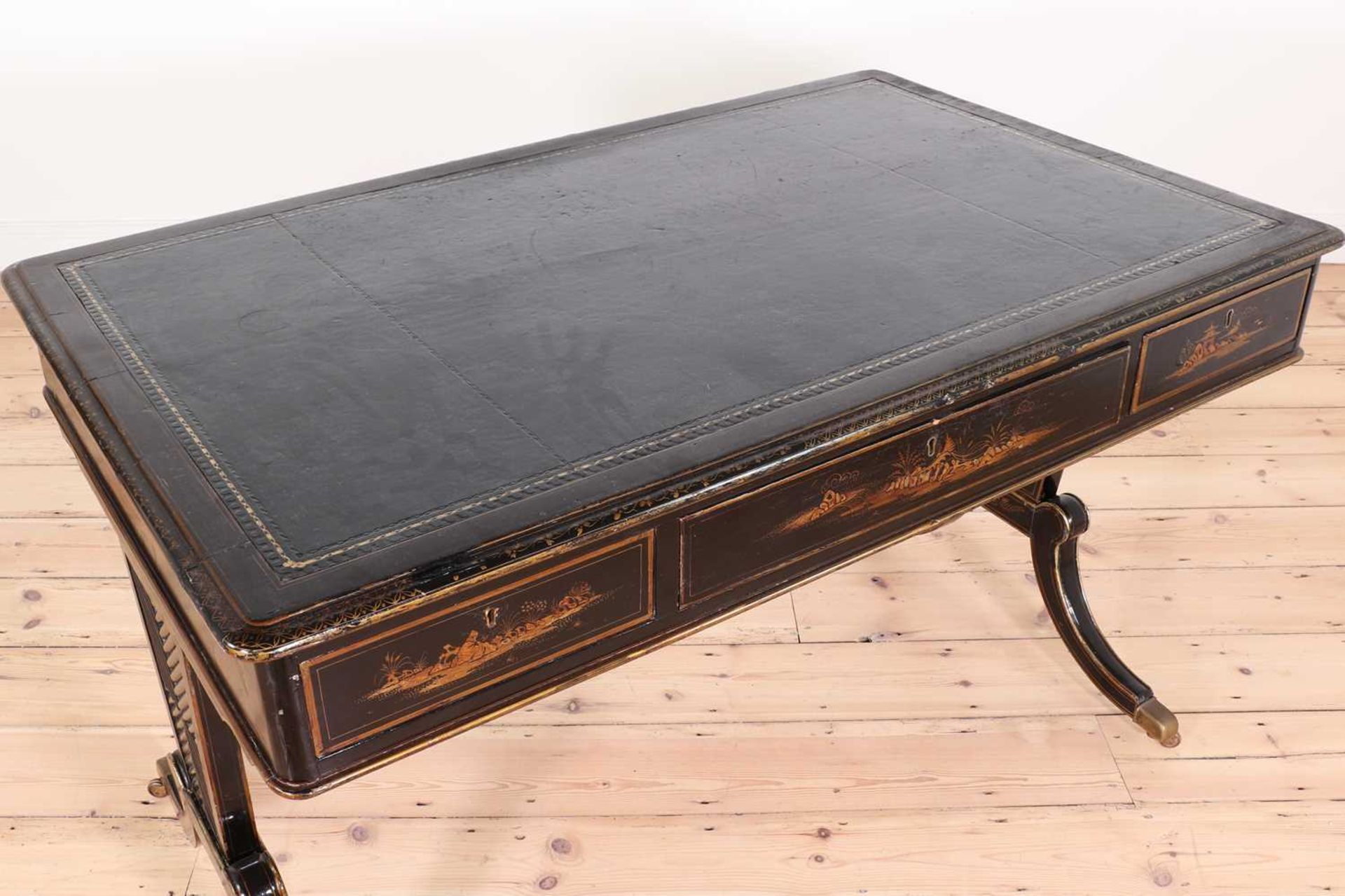 A Regency-style ebonised writing table, - Image 6 of 8