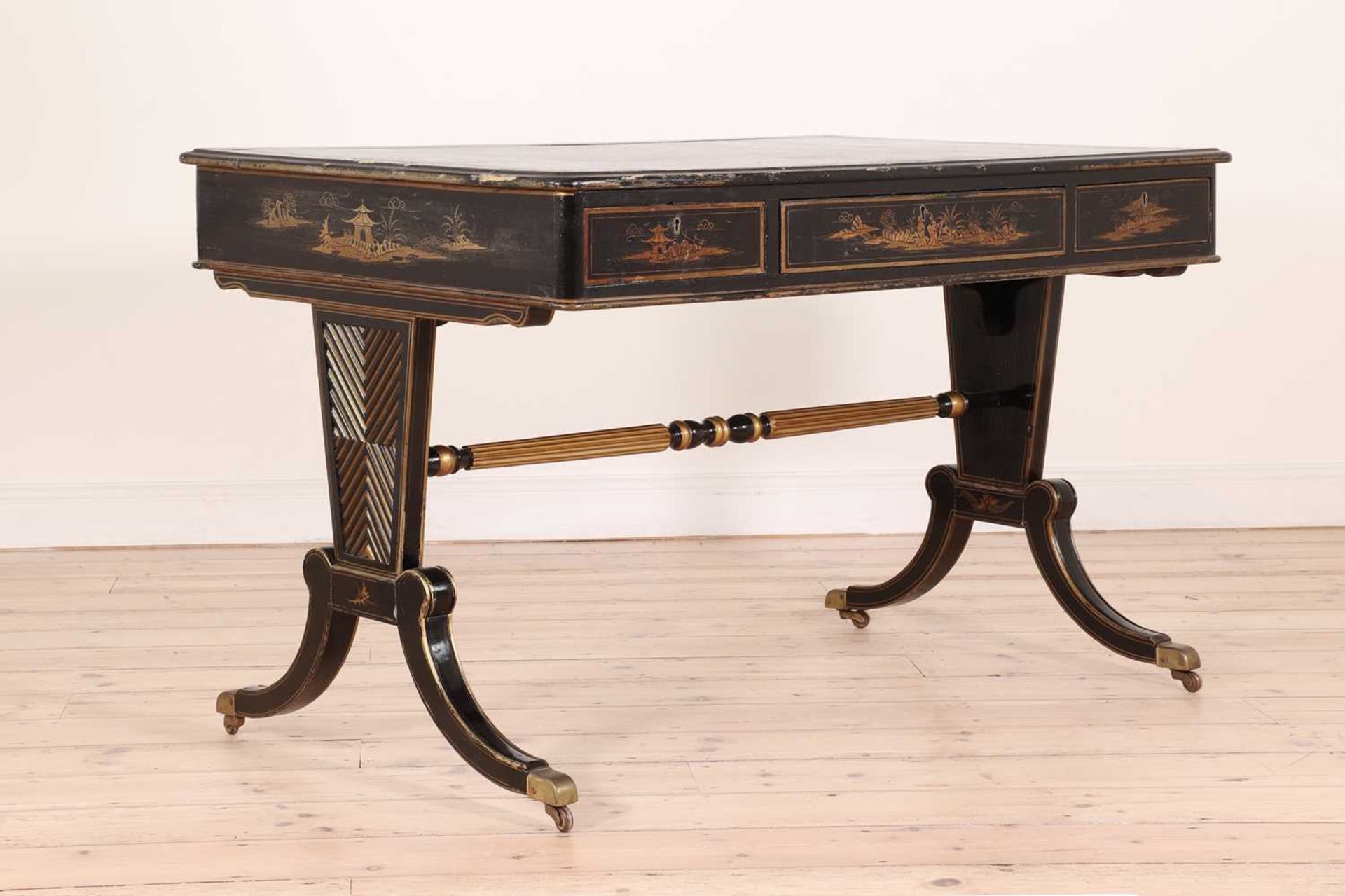 A Regency-style ebonised writing table, - Image 2 of 8