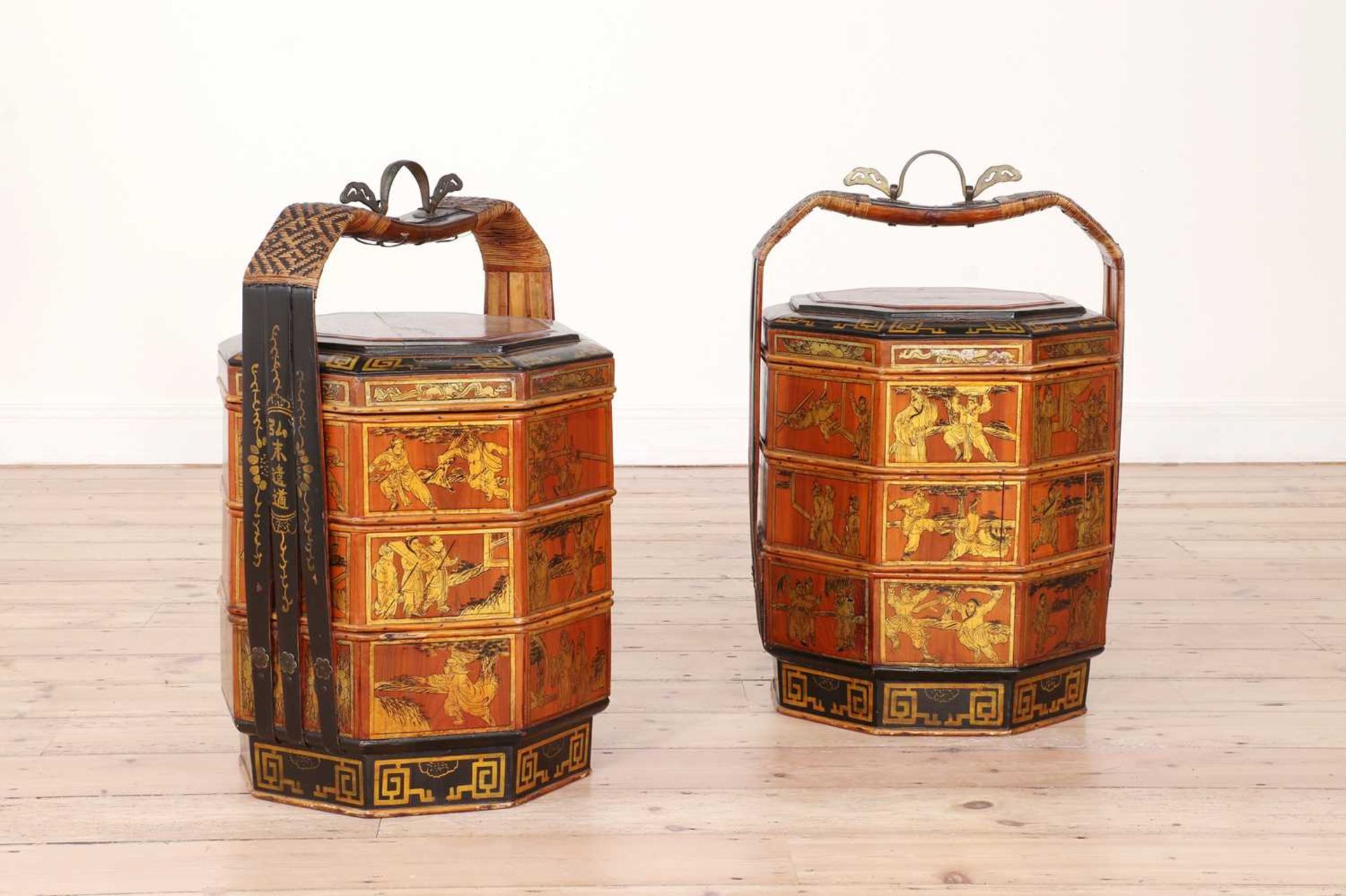A pair of red-lacquered and gilt bamboo food carriers, - Image 2 of 43