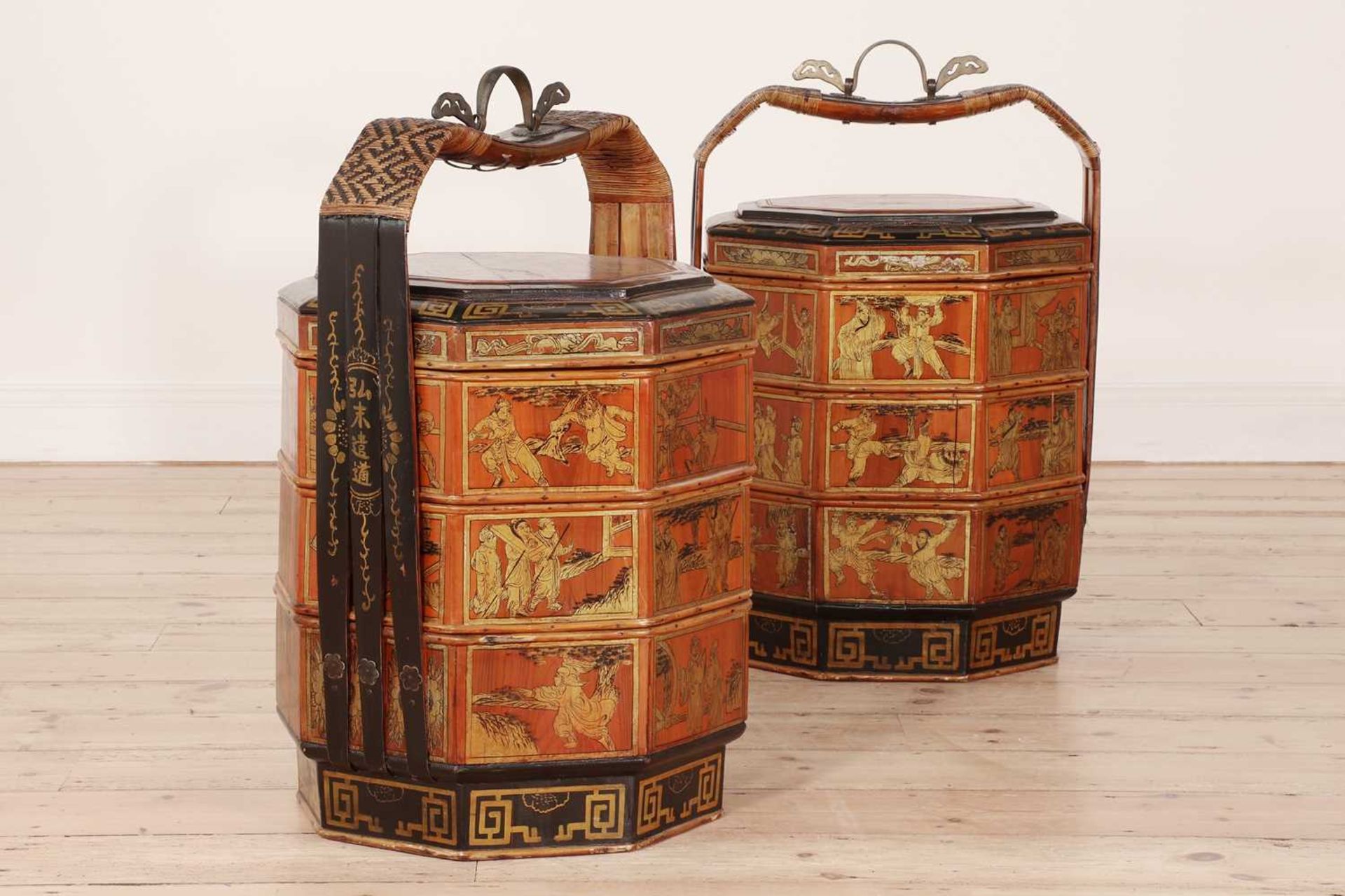 A pair of red-lacquered and gilt bamboo food carriers, - Image 4 of 43