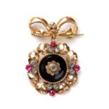 A Portuguese gold onyx, diamond and synthetic ruby brooch,