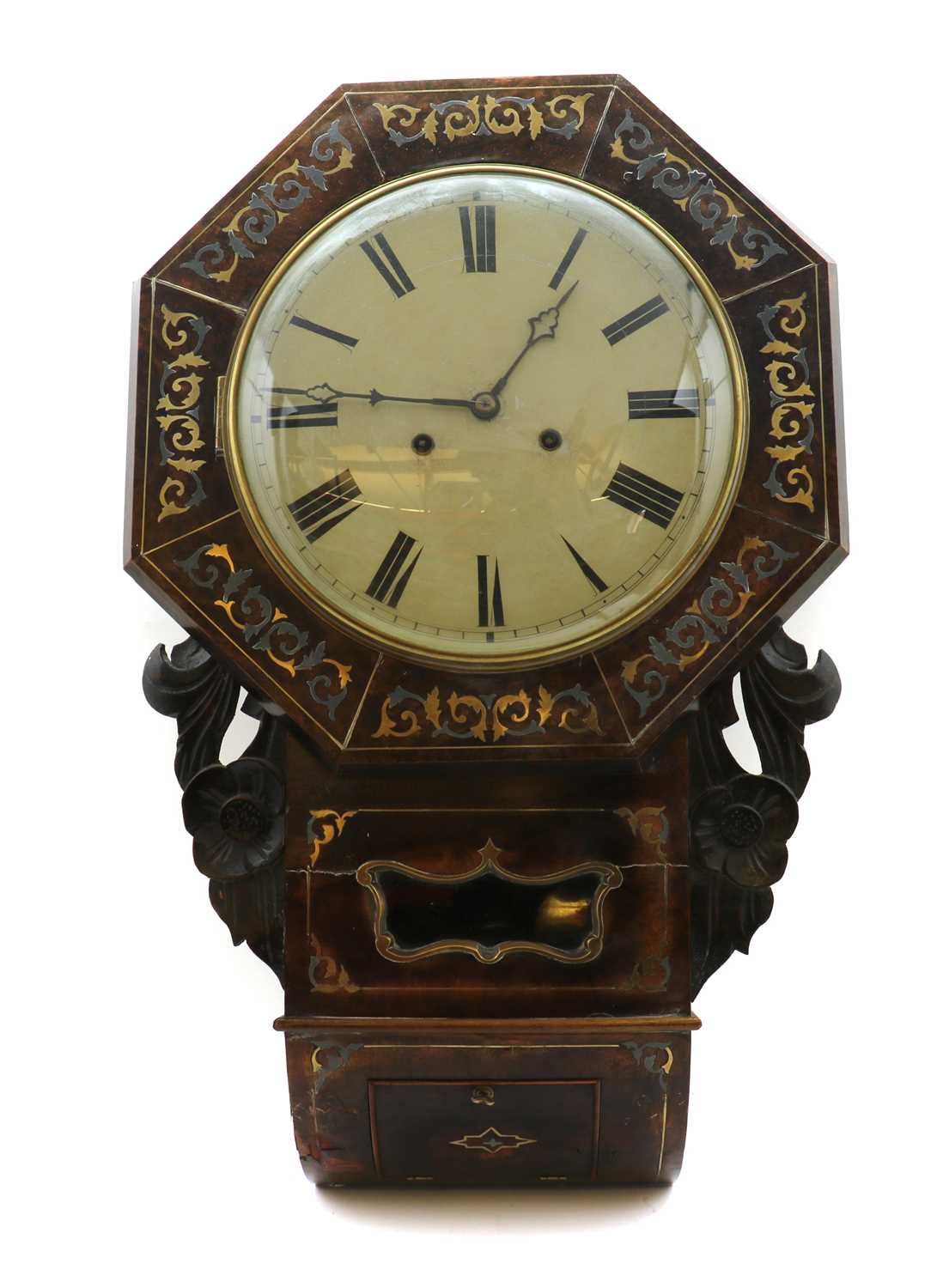 A burr walnut, brass and pewter inlaid drop dial wall clock