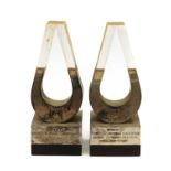 A pair of silver-mounted lucite trophies,