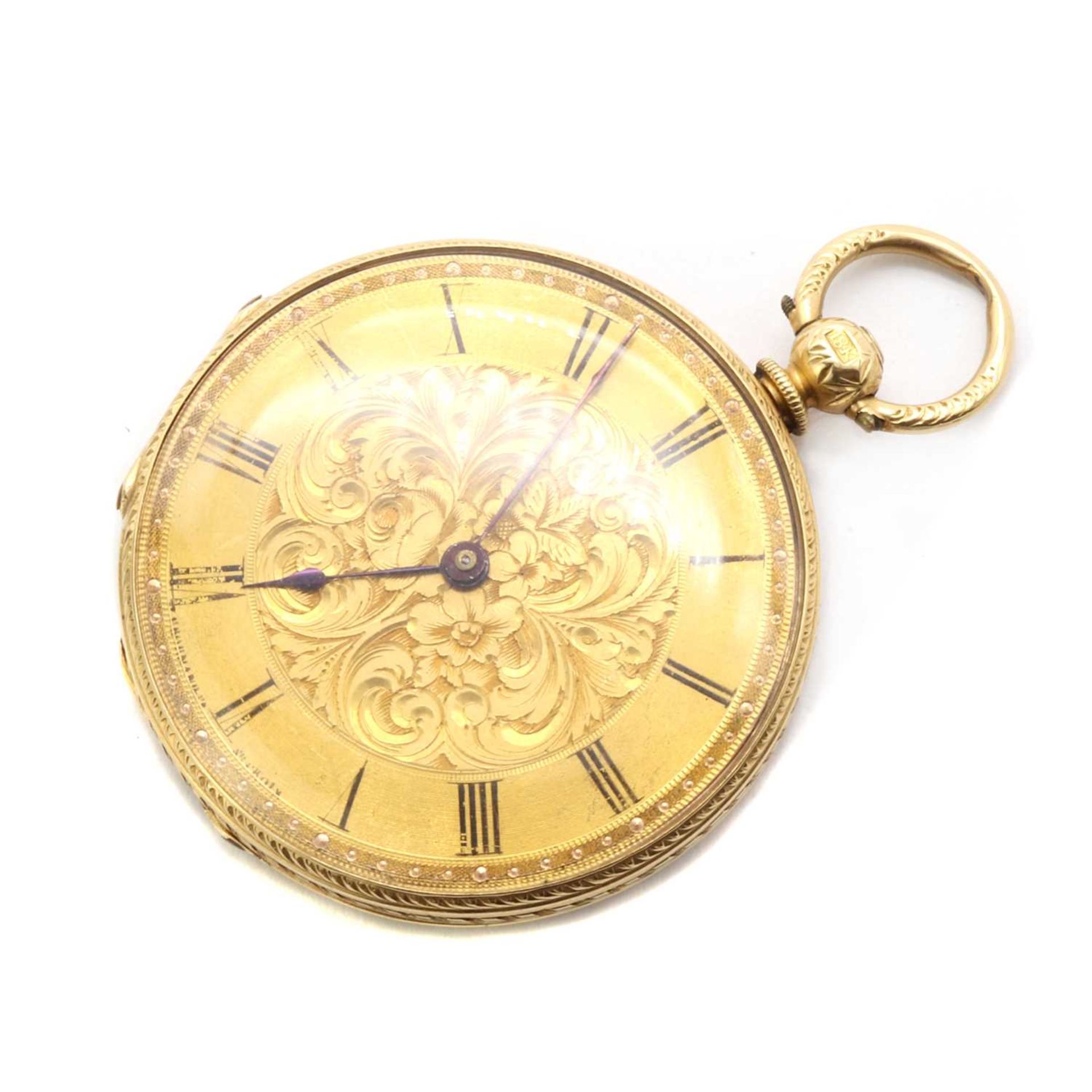 A gold key wound open faced fob watch,