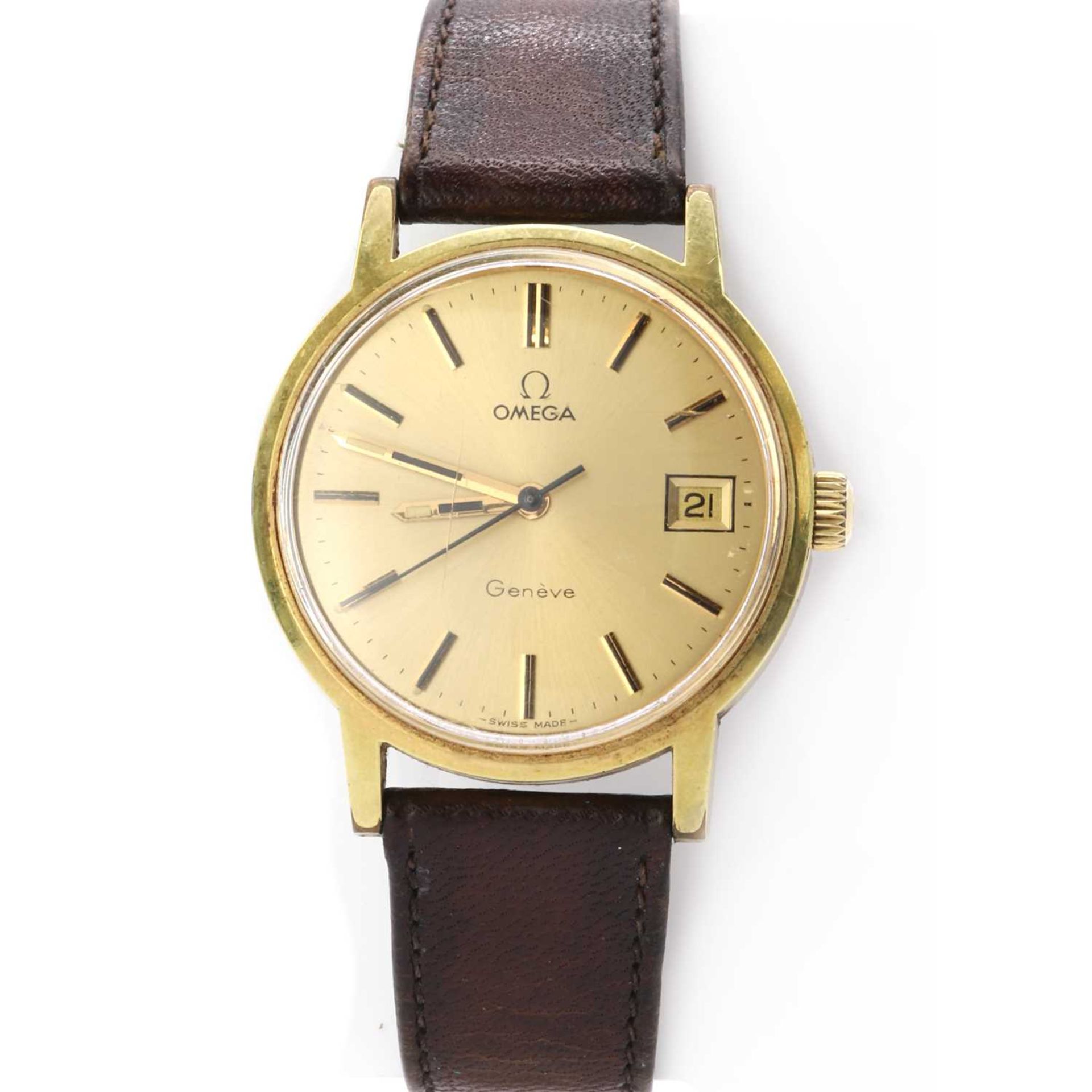 A gold plated Omega mechanical strap watch,