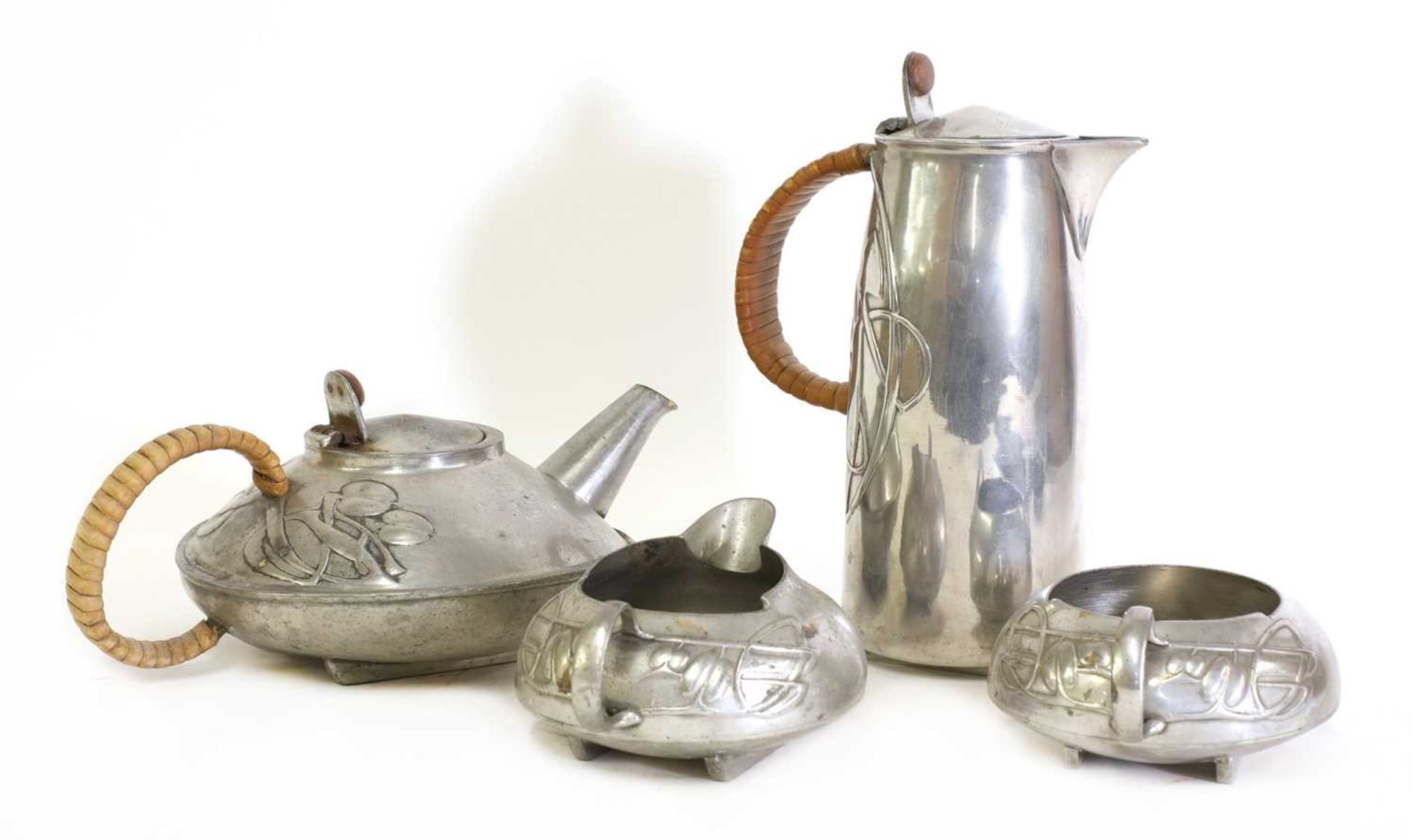 A matched 'Tudric' pewter three-piece tea set, - Bild 2 aus 4