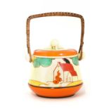 A Clarice Cliff 'Red Roofs' shape 336 biscuit barrel,