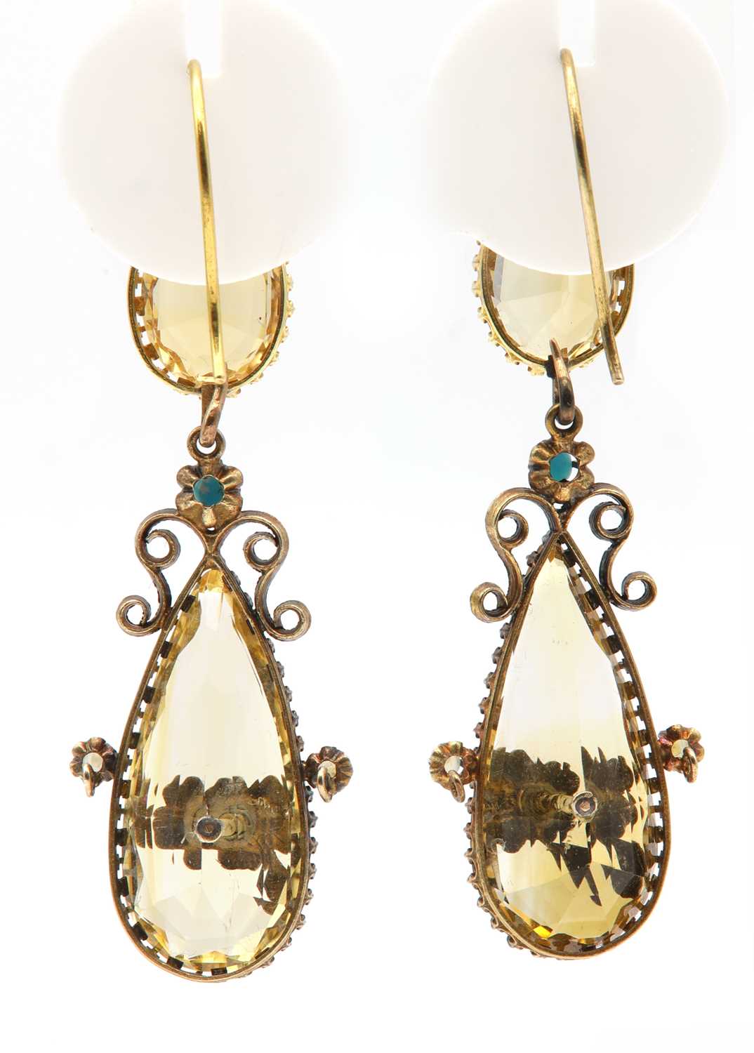 A pair of Victorian citrine, turquoise, ruby, paste and split pearl drop earrings, - Image 2 of 2