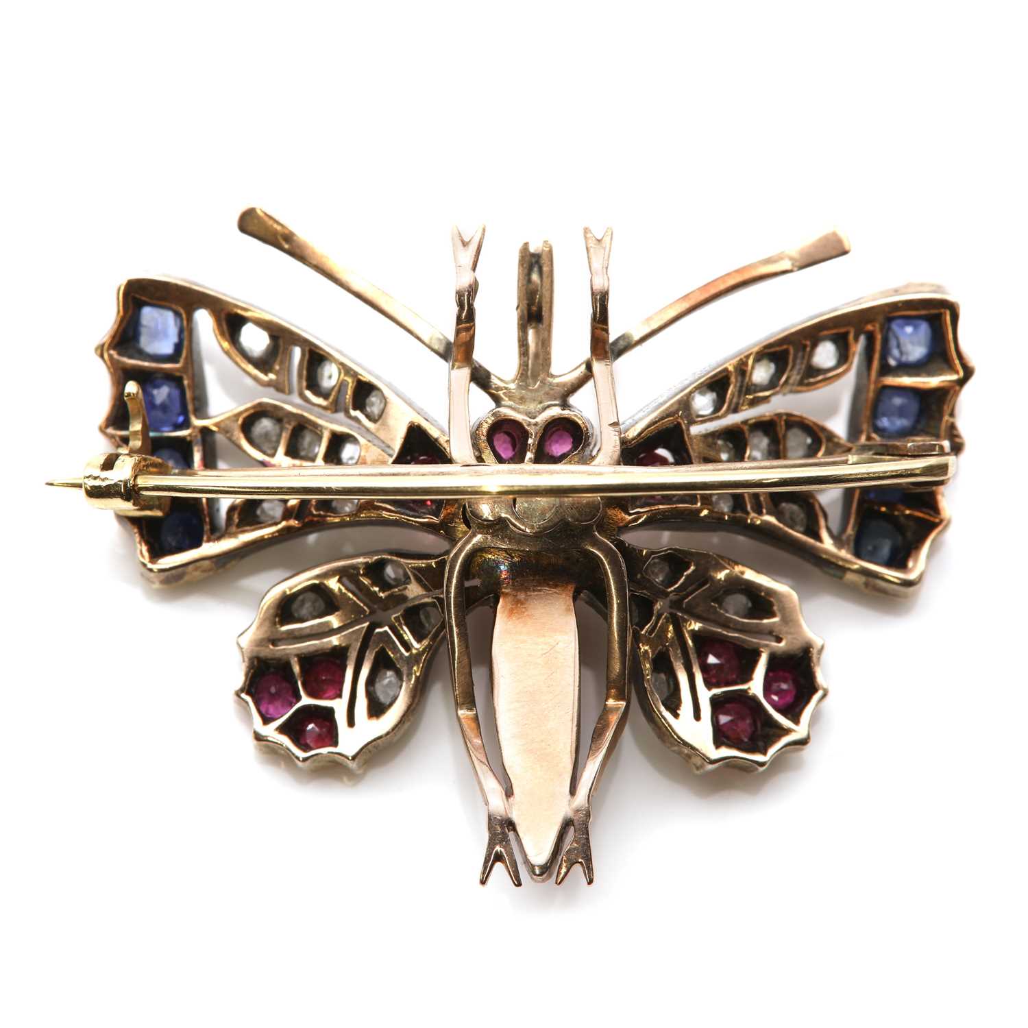 A ruby, sapphire and diamond butterfly brooch/pendant, c.1900, - Image 2 of 2