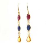 A pair of gold ruby and sapphire drop earrings,