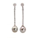 A pair of Tahitian cultured pearl and diamond drop earrings,