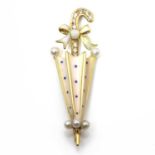 A gold, diamond, cultured pearl and enamel parasol pendant,