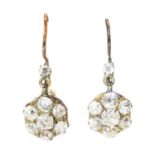 A pair of late Victorian or Edwardian diamond cluster drop earrings, c.1900,