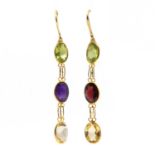 A pair of gold asymmetric assorted gemstone drop earrings,