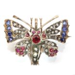 A ruby, sapphire and diamond butterfly brooch/pendant, c.1900,