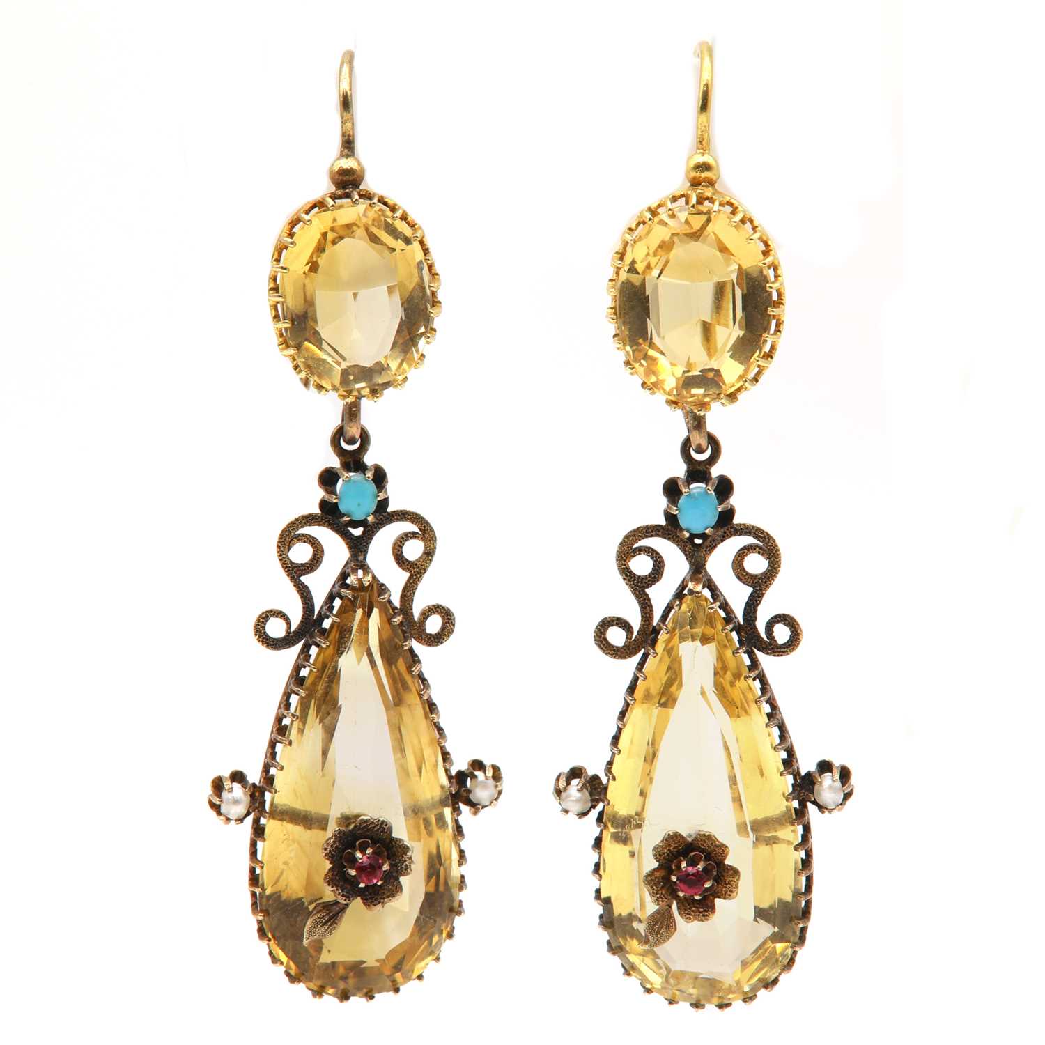 A pair of Victorian citrine, turquoise, ruby, paste and split pearl drop earrings,