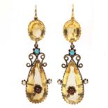 A pair of Victorian citrine, turquoise, ruby, paste and split pearl drop earrings,