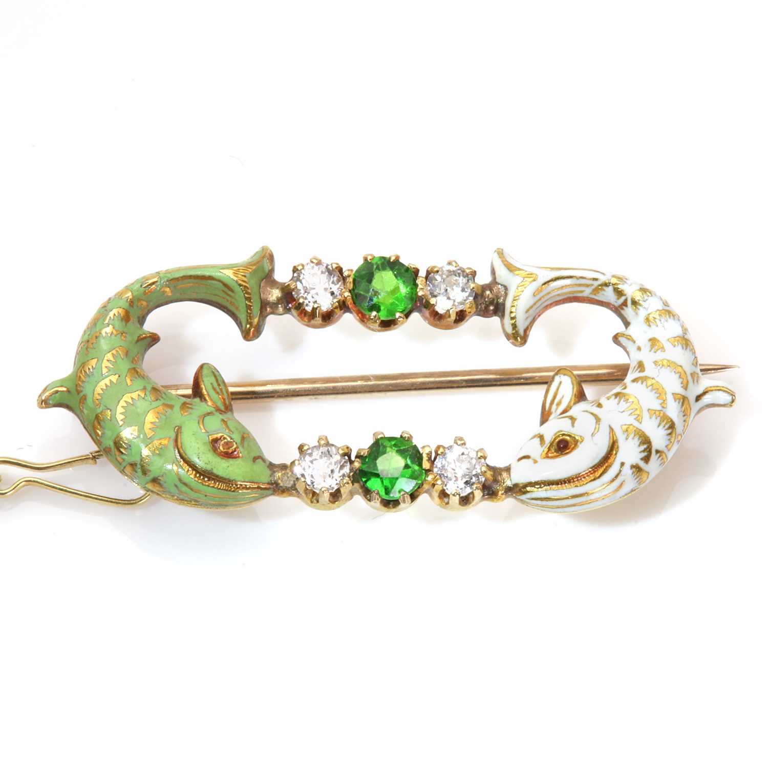 A Victorian demantoid garnet, diamond and enamel fish brooch,