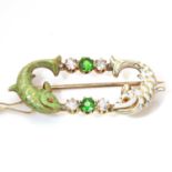 A Victorian demantoid garnet, diamond and enamel fish brooch,