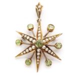 An Edwardian gold peridot and split pearl star brooch/pendant,