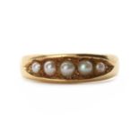 A gold five stone split pearl ring,