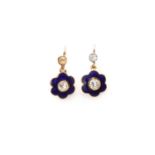 A pair of gold white sapphire and enamel drop earrings,