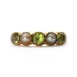 A gold five stone peridot and split pearl ring,