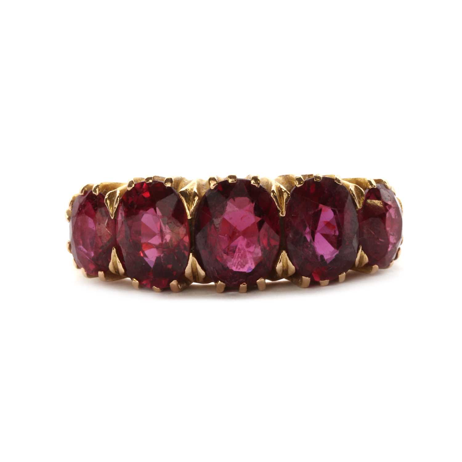 A gold five stone ruby ring, c.1910,