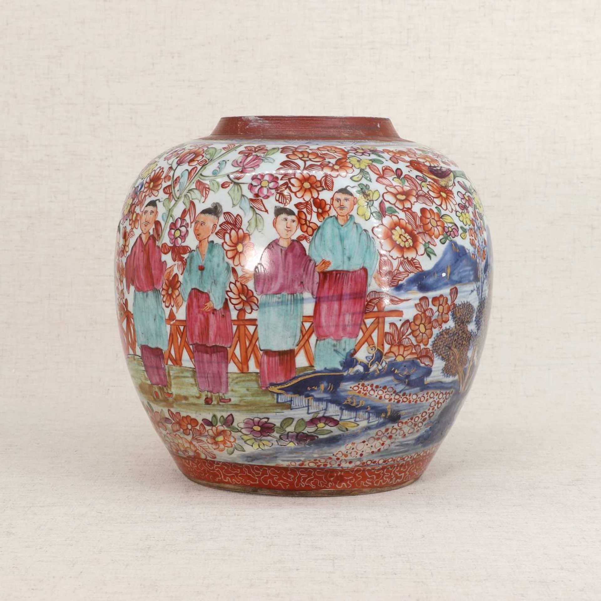 A Chinese clobbered blue and white jar,