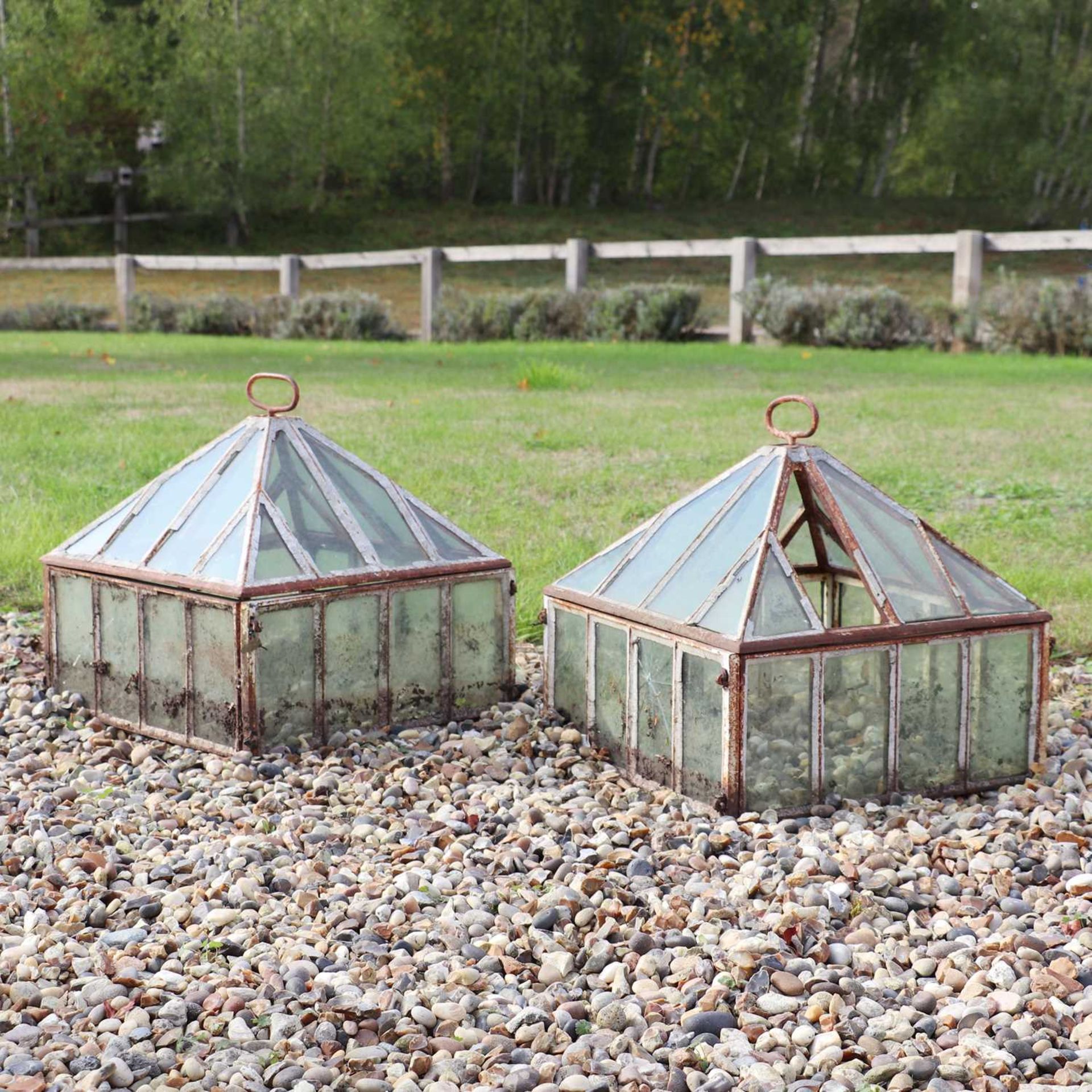 A pair of iron and glass lantern cloches, - Image 3 of 3