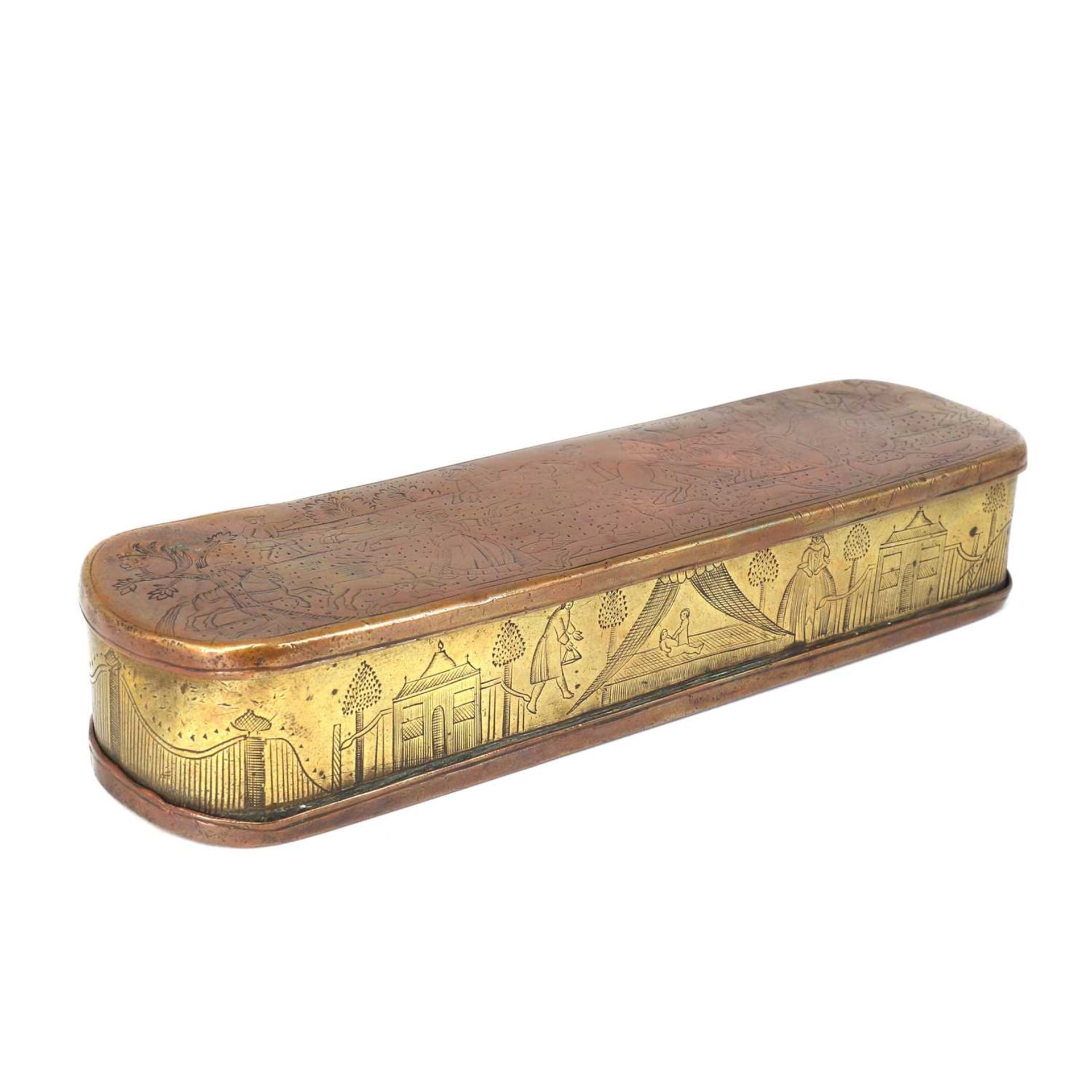 An unusual copper and brass tobacco box,