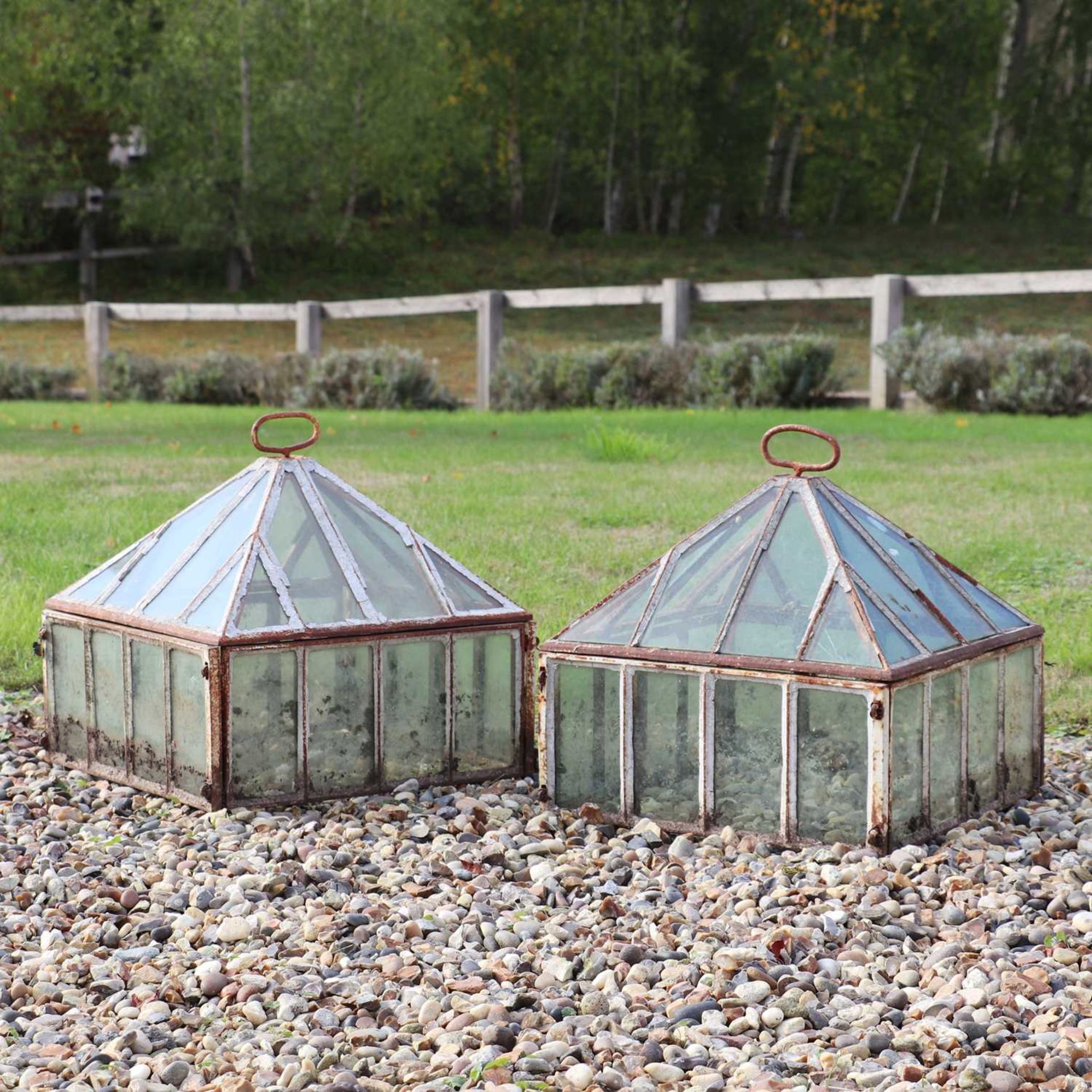 A pair of iron and glass lantern cloches, - Image 2 of 3