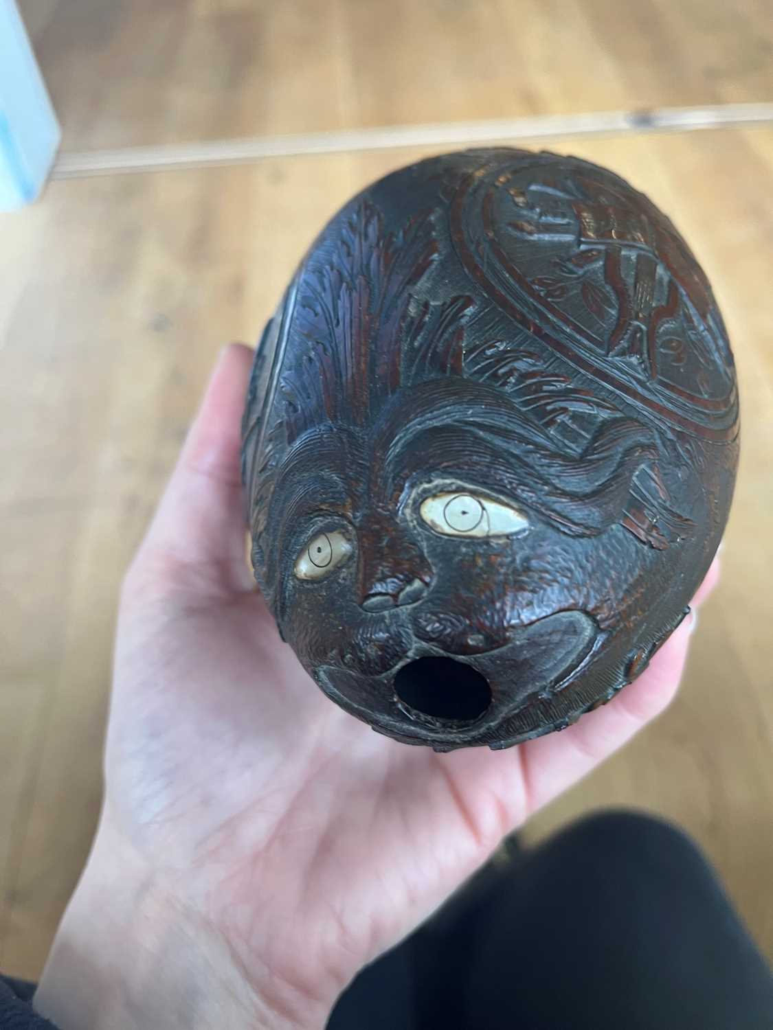A carved 'bugbear' coconut flask, - Image 9 of 19