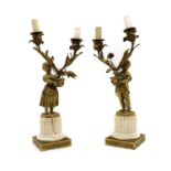 A pair of gilt bronze twin-branch table lights,