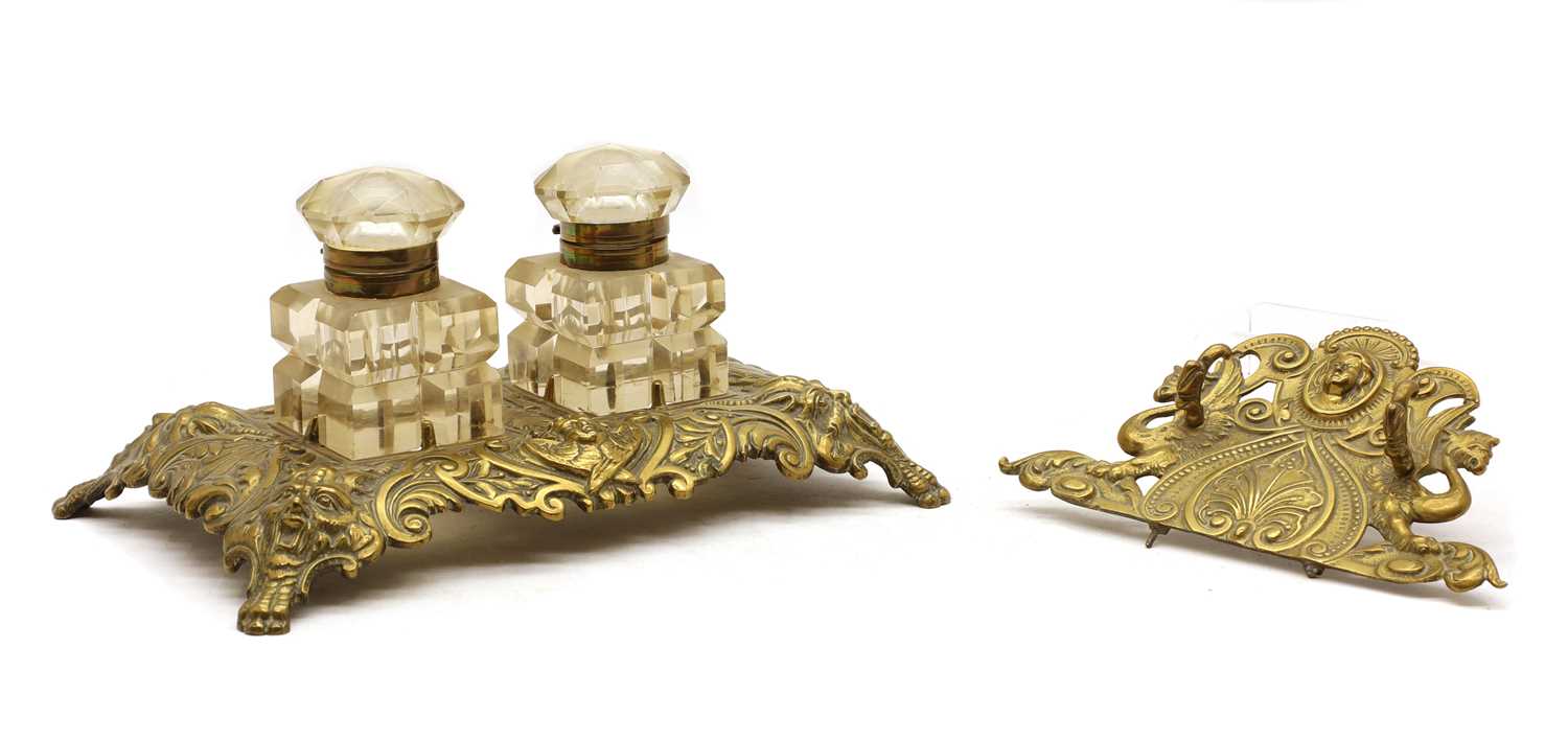 A Victorian brass inkstand