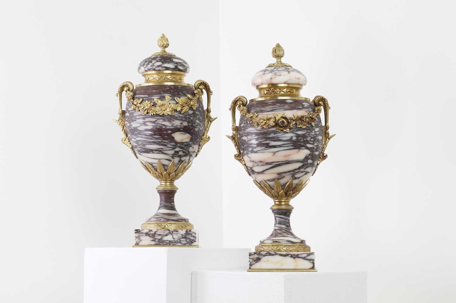 A pair of Louis XV-style brèche violette marble and gilt-bronze cassolettes,