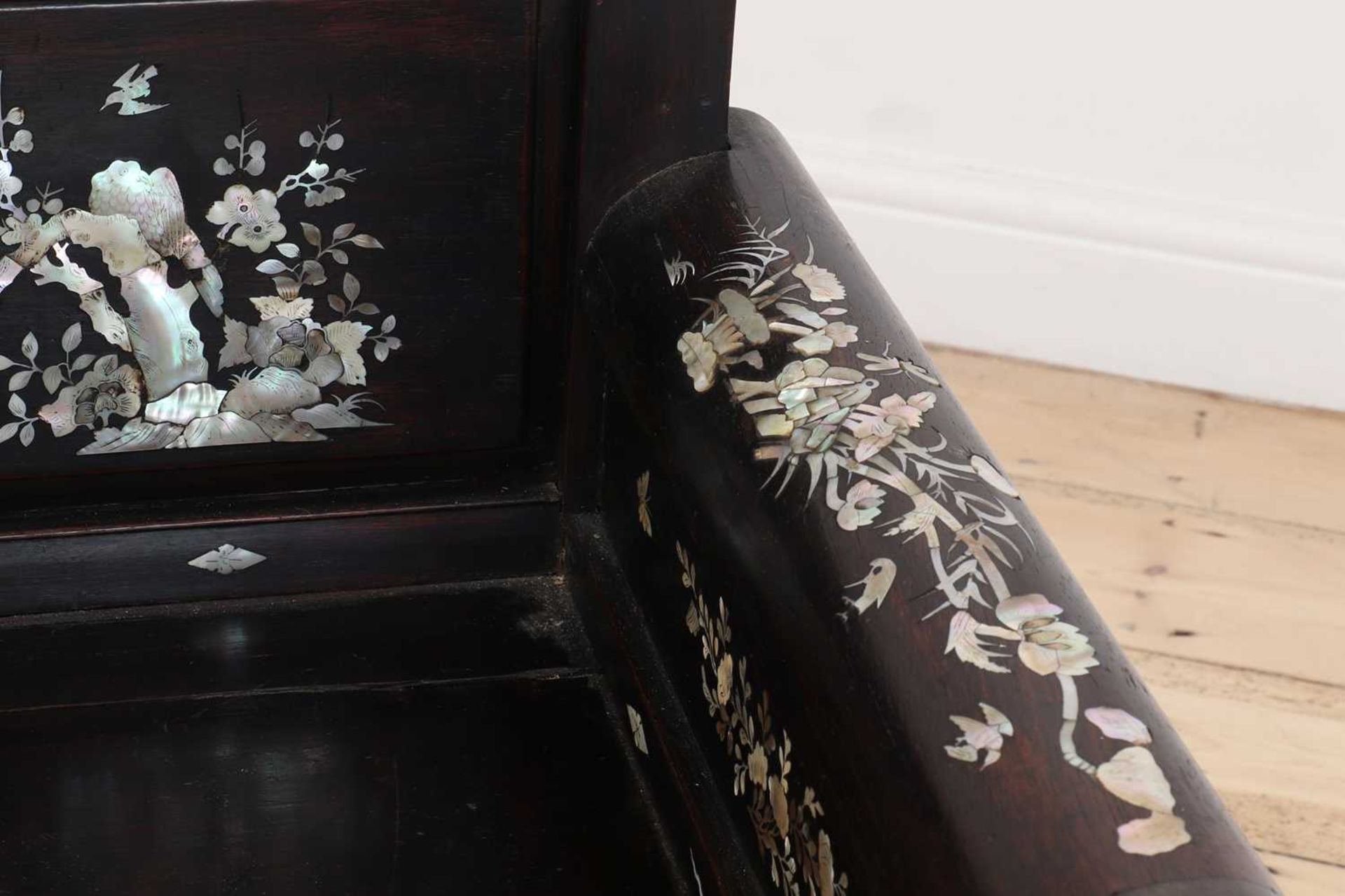 A hardwood and mother-of-pearl inlaid settee, - Image 7 of 8
