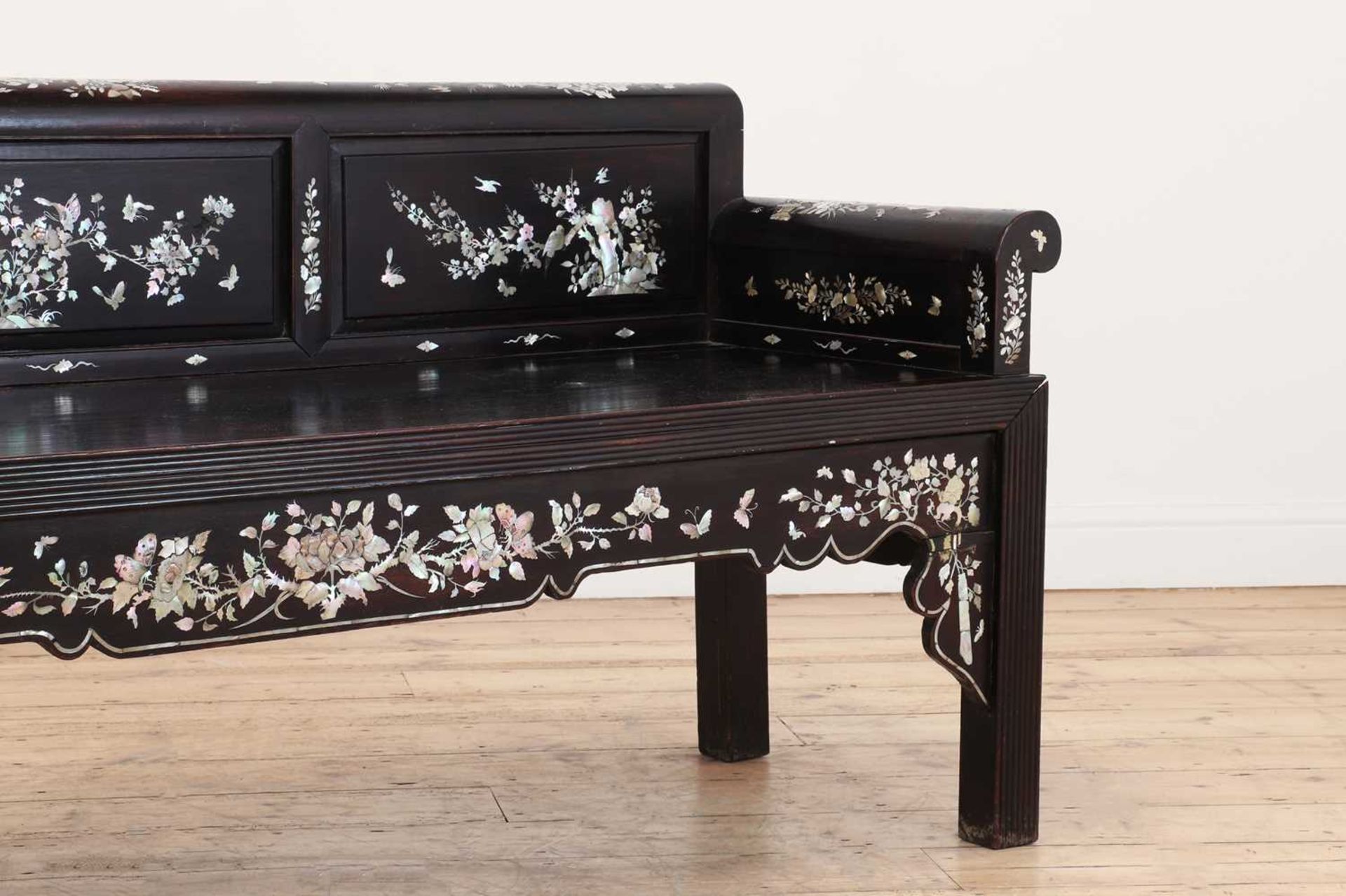 A hardwood and mother-of-pearl inlaid settee, - Image 2 of 8