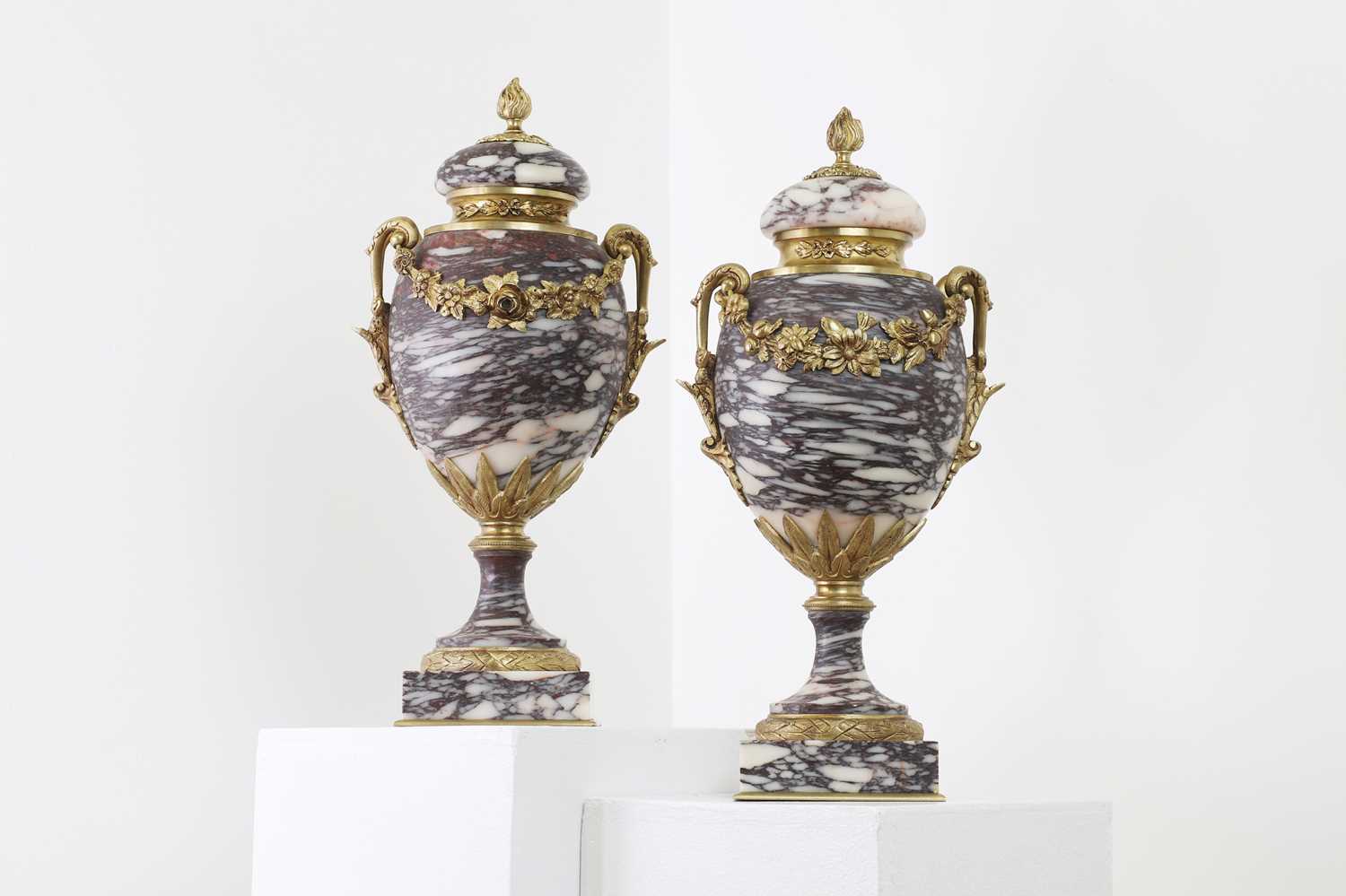 A pair of Louis XV-style brèche violette marble and gilt-bronze cassolettes, - Image 3 of 4