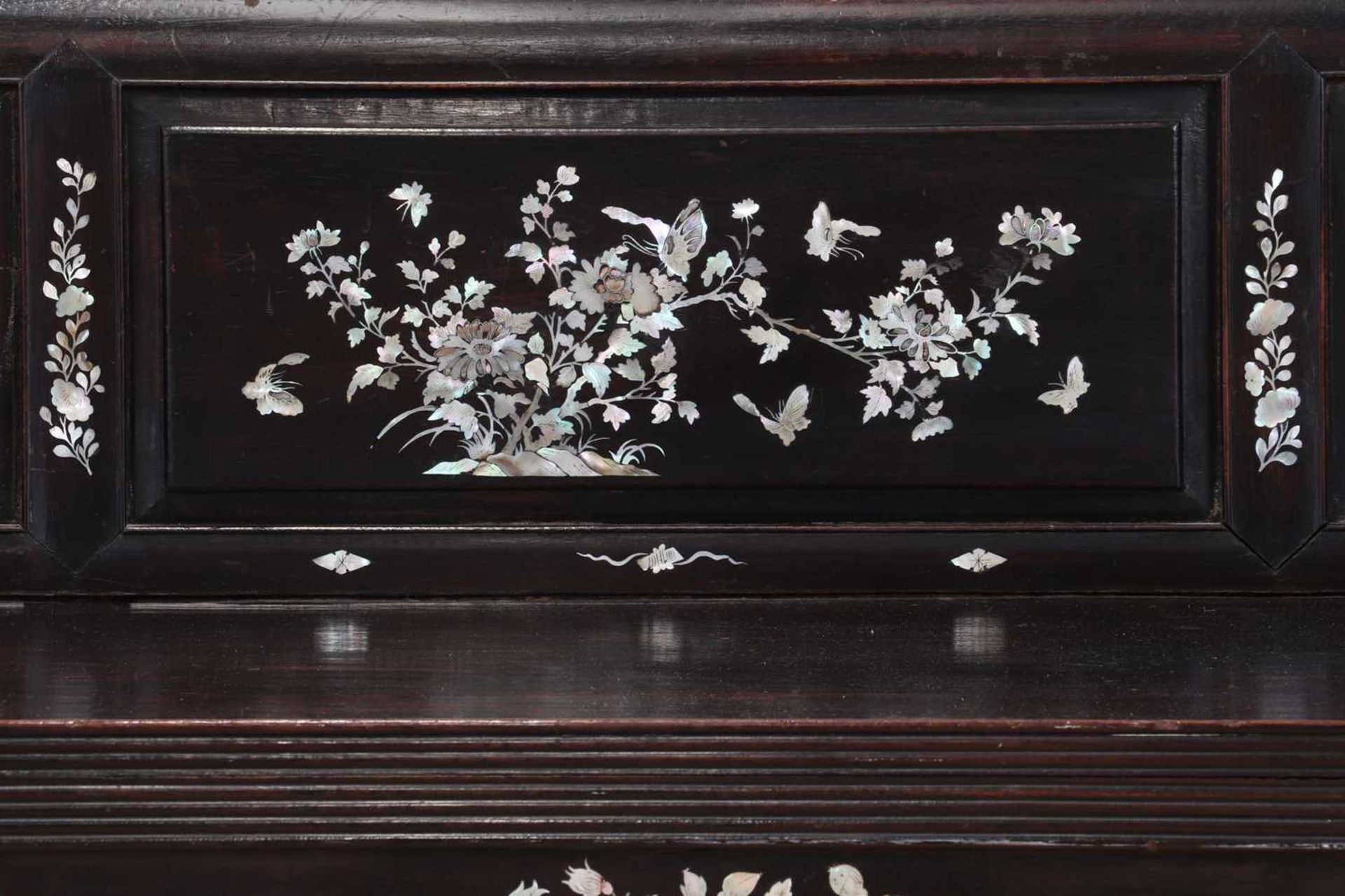 A hardwood and mother-of-pearl inlaid settee, - Image 8 of 8