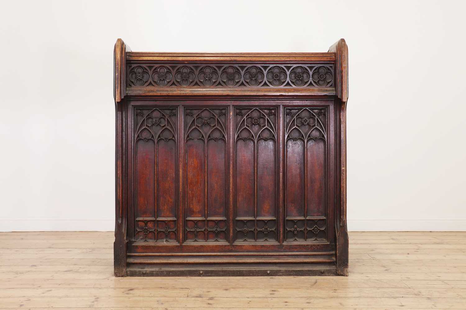 A Victorian Gothic Revival oak pew, - Image 5 of 13