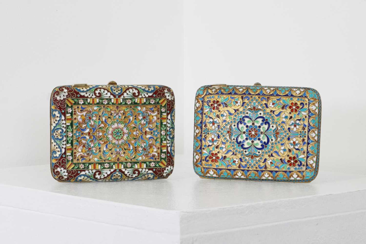 Two silver-gilt and cloisonné cigarette cases,