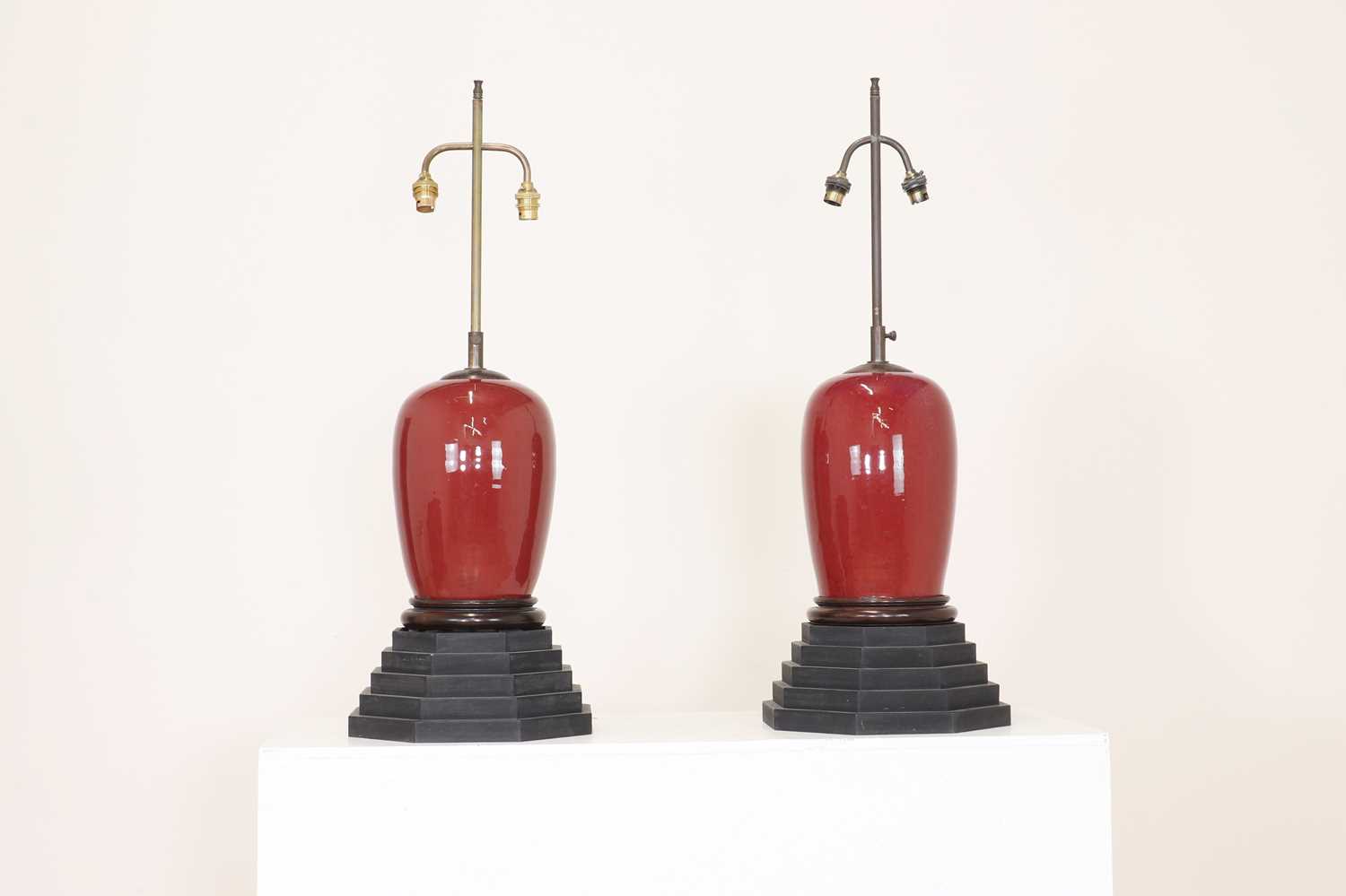 A near pair of sang-de-boeuf glazed porcelain table lamps, - Image 2 of 3