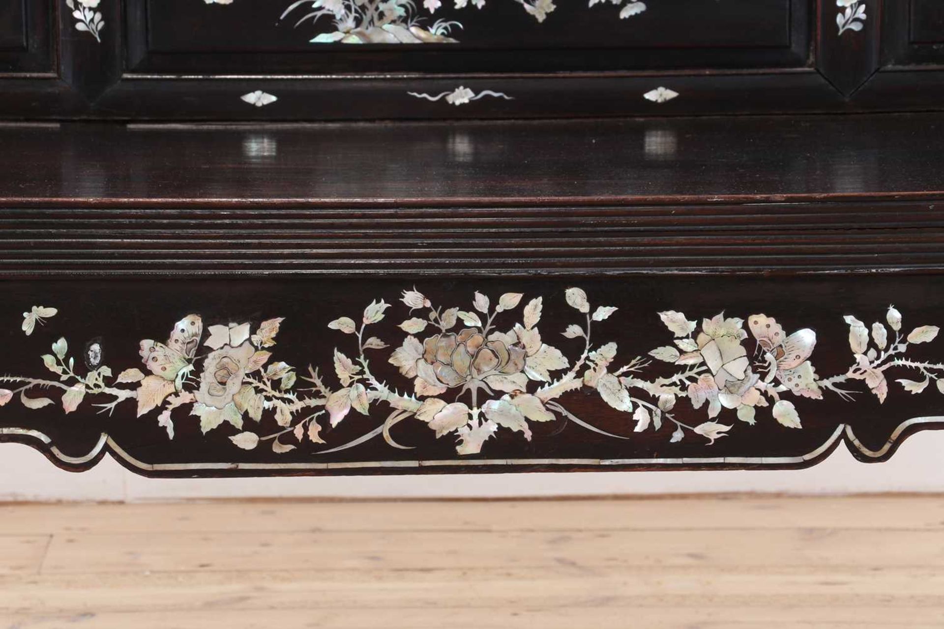 A hardwood and mother-of-pearl inlaid settee, - Image 6 of 8