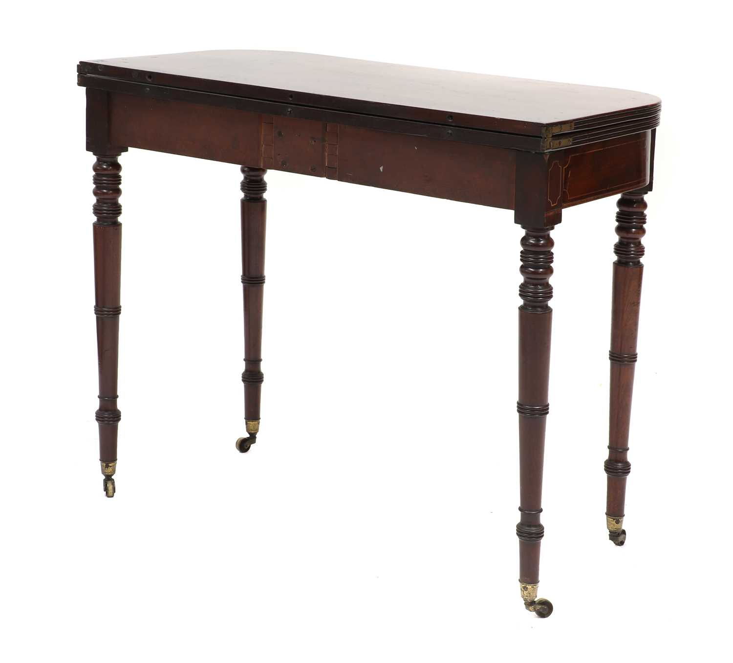 A George III strung mahogany fold-over tea table, - Image 5 of 5