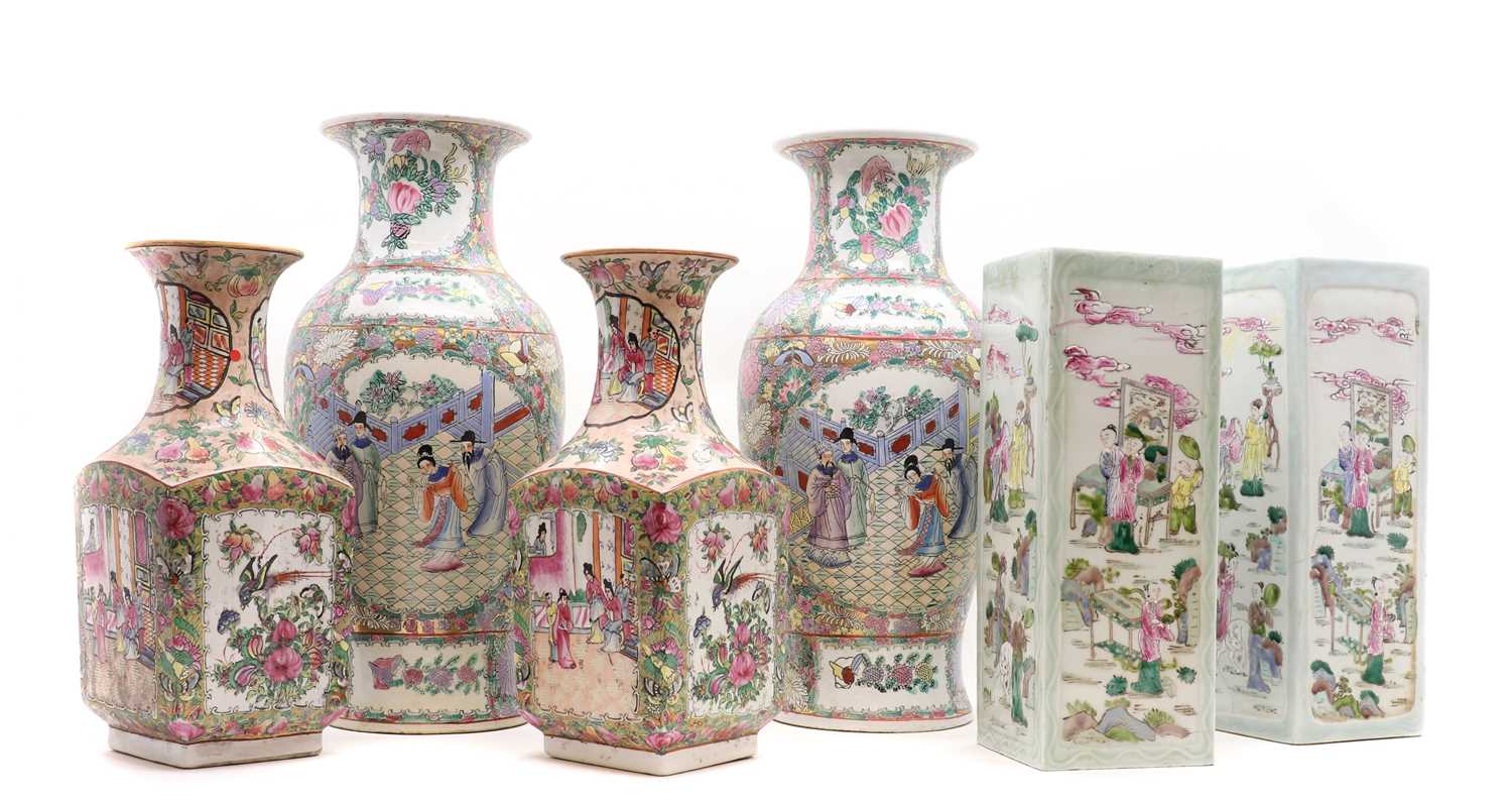 Three pairs of Chinese famille rose vases,
