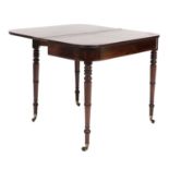 A George III strung mahogany fold-over tea table,