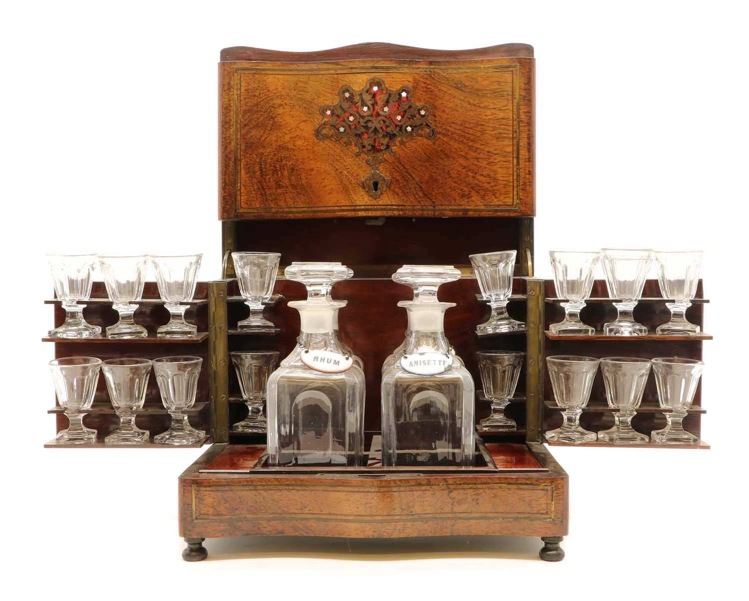 A rosewood and boulle work liqueur set